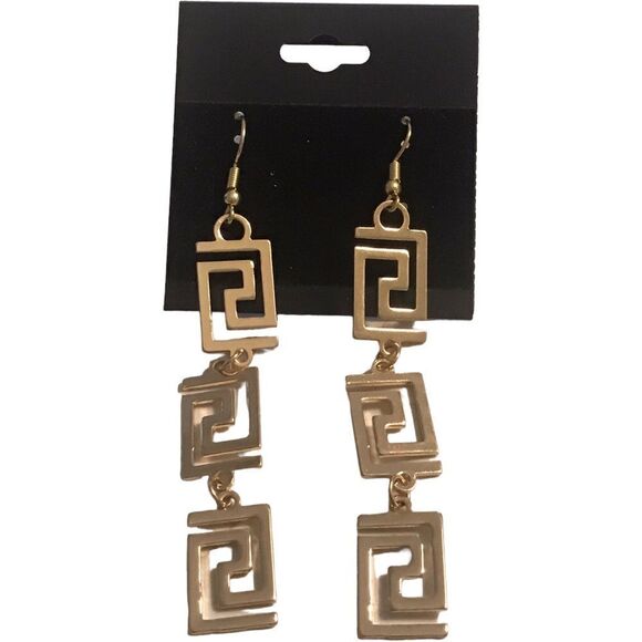 Greek Key Alloy Gold Plated Dangle Drop Earrings - Picture 3 of 9